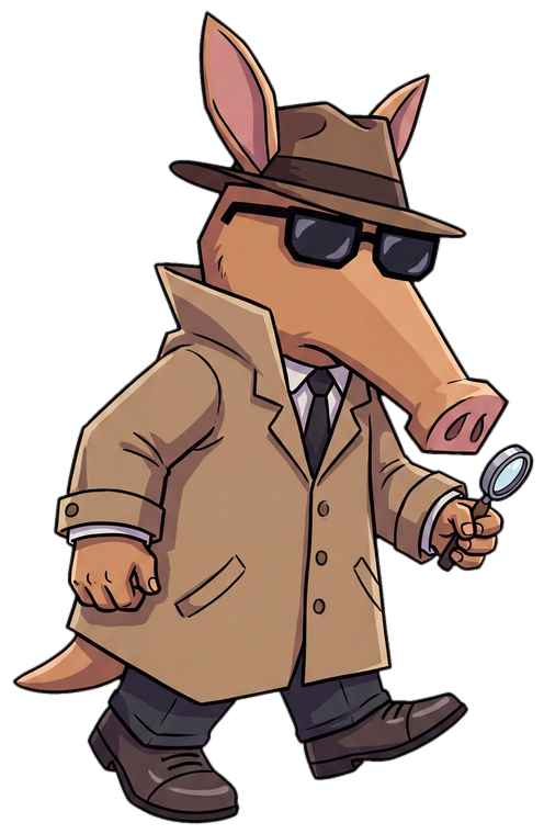 Agent Ardvark, an aardvark private investigator in a trench coat and fedora, examining a magnifying glass